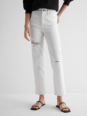 Express High Waisted White Ripped Straight Ankle Jeans